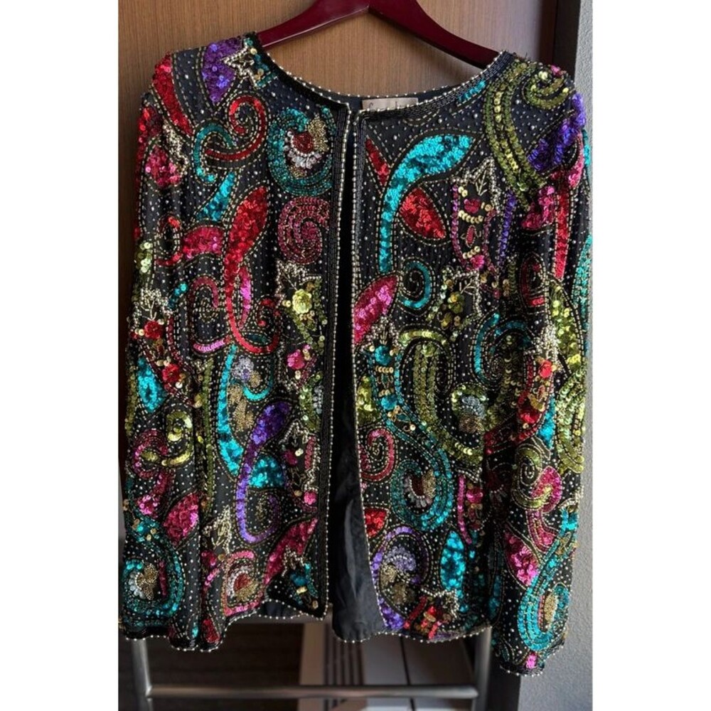 VTG Laurence Kazar Jacket Beaded Silk Sequins Embellished 1980s Colorful | Sz 1X